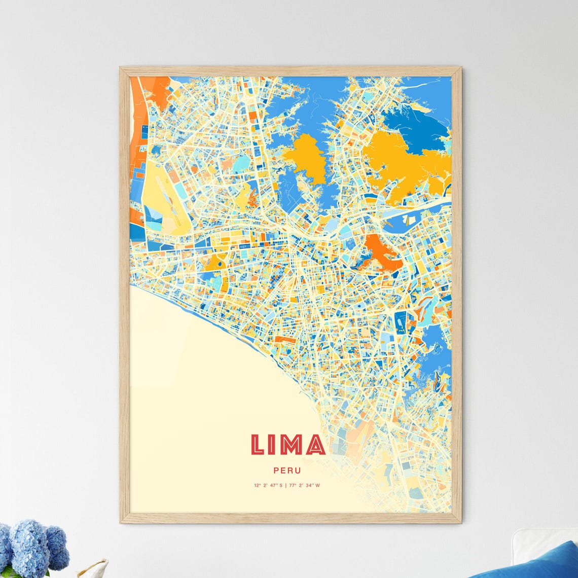 Lima Peru Blue Orange Coastal City Map Art Poster for Home Decor