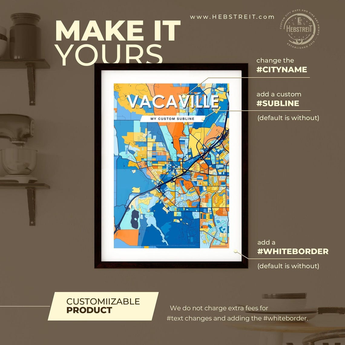 Vacaville California City Map Poster Colorful Modern Wall Decor - Image 2