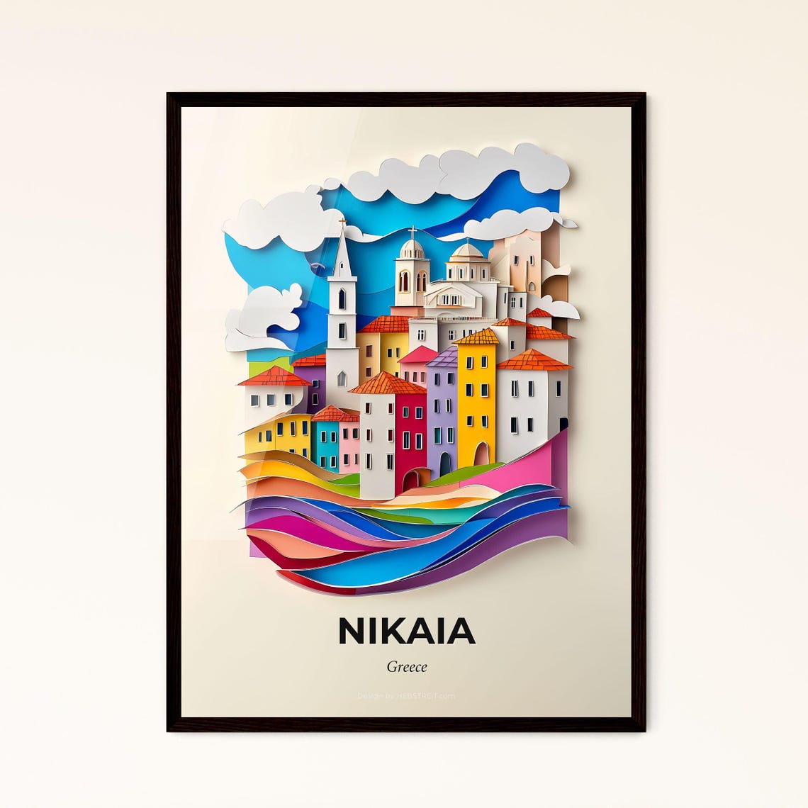 Nikaia Greece Colorful Paper Cut Coastal Old Town Travel Poster
