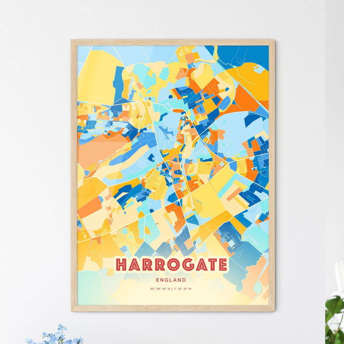 Harrogate England Vibrant Blue Orange Street Map Art Decor City Poster