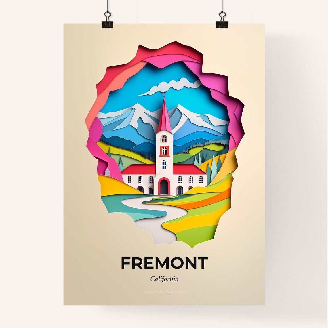 Fremont California Church And Mountain Peak Paper Cut Art Poster - Image 4