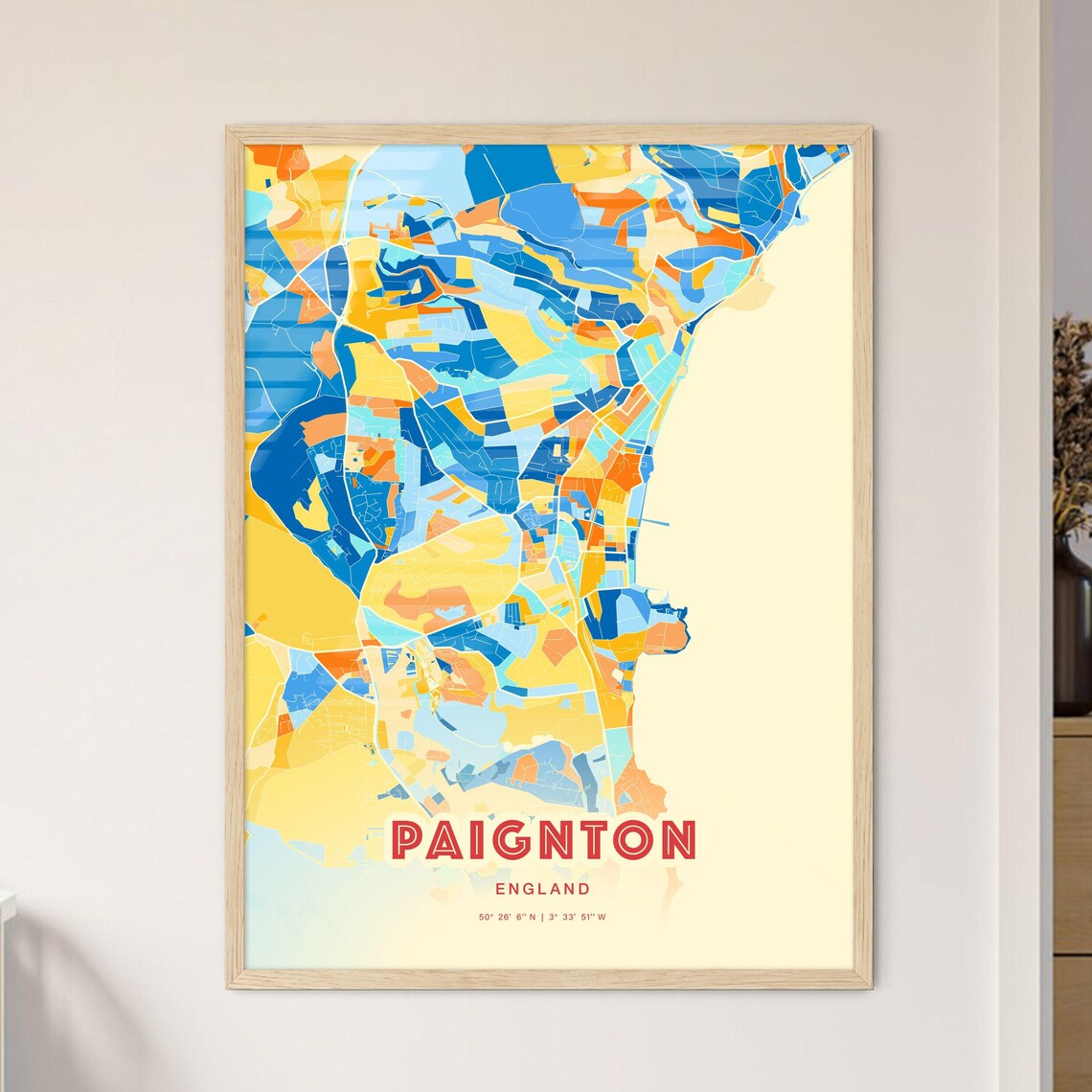 Paignton England Colorful Blue and Orange Retro City Street Map Wall Art