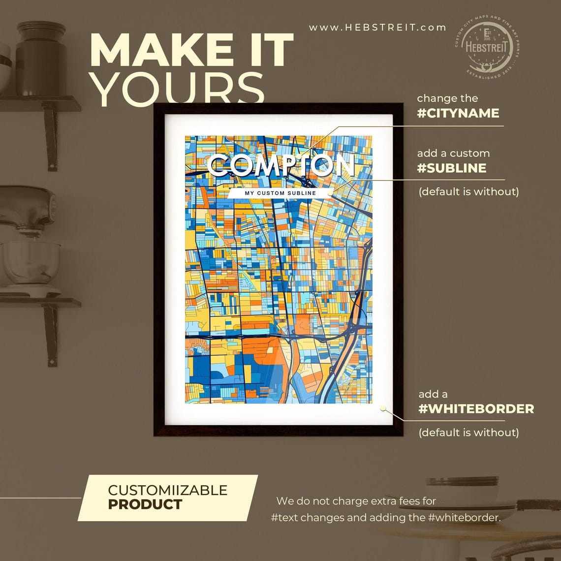 Compton California Bright Mosaic City Street Map Artwork Poster - Image 2