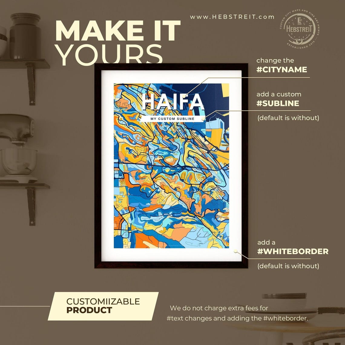 Haifa Israel Stylish Vibrant Blue and Orange Mosaic City Map Poster - Image 2