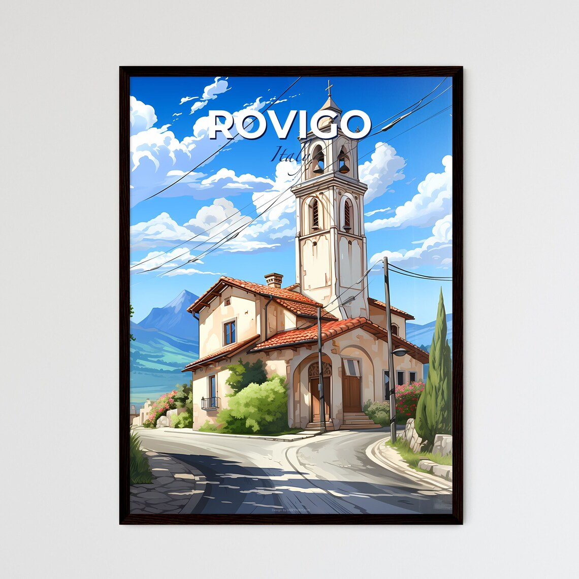 Rovigo Italy Bell Tower Country Church Mountain Sky Travel Poster