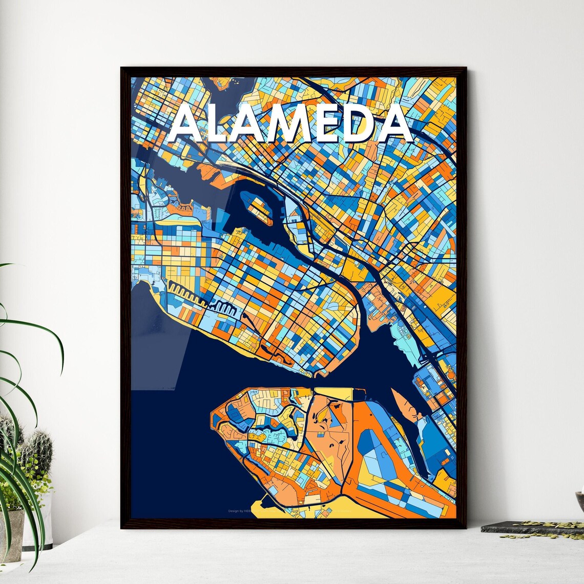 Alameda California Vibrant Geometric City Map Art Poster in Blue and Orange