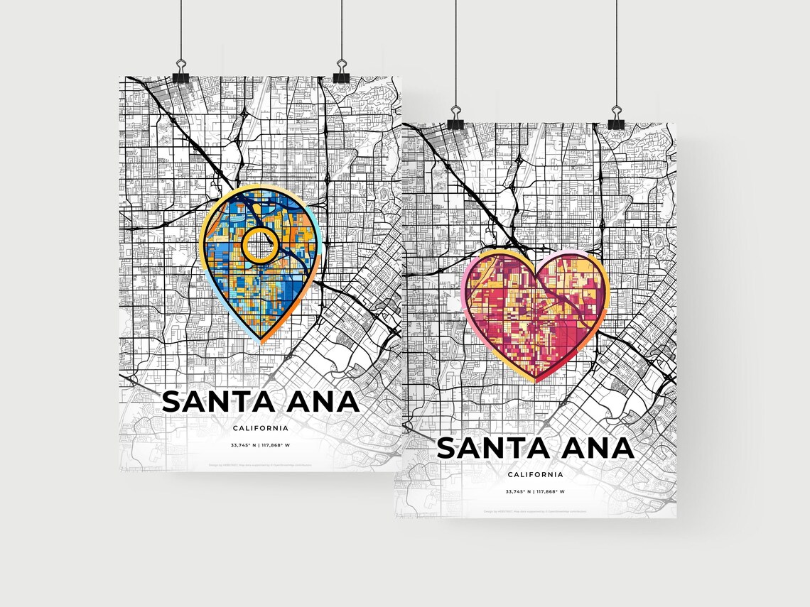 Santa Ana California Minimal City Map Colorful Heart Icon Art Poster - Image 2