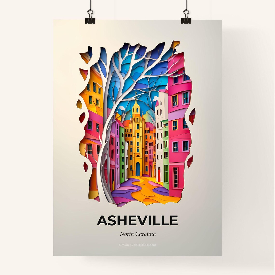 Asheville North Carolina Paper Cut City Street Travel Poster - Image 4