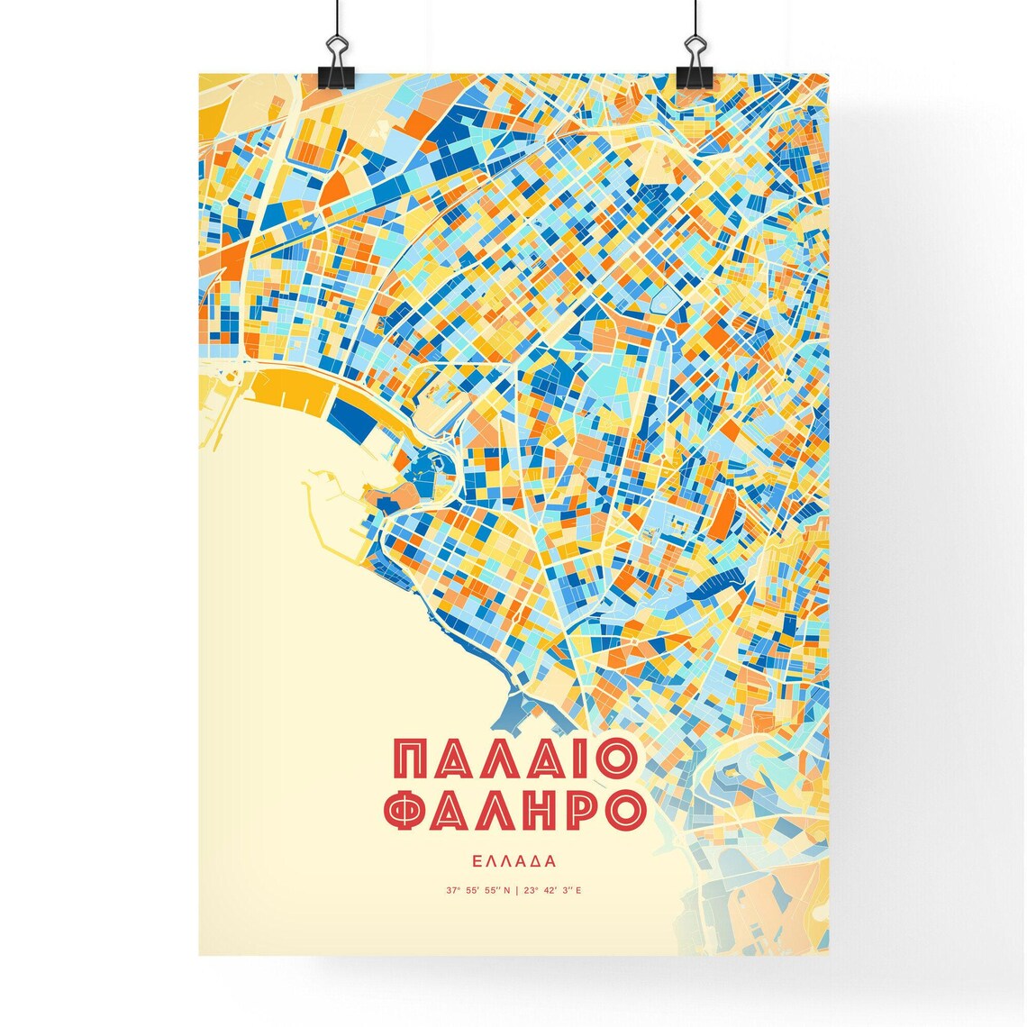Palaio Faliro Greece Modern Colorful City Map Blue Orange Poster - Image 3