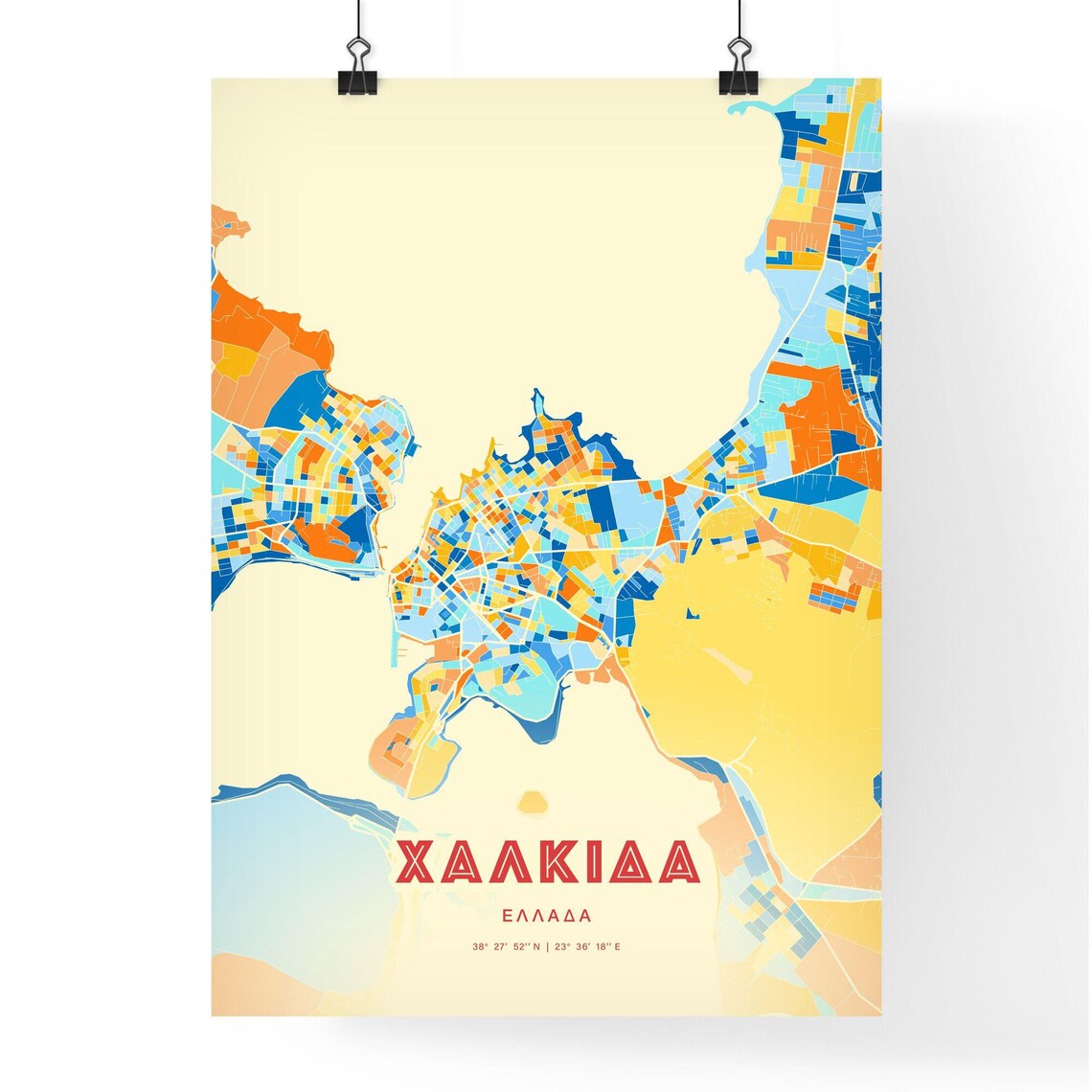 Chalkida Greece Blue Orange Colorful City Map Art Poster With Coordinates - Image 3