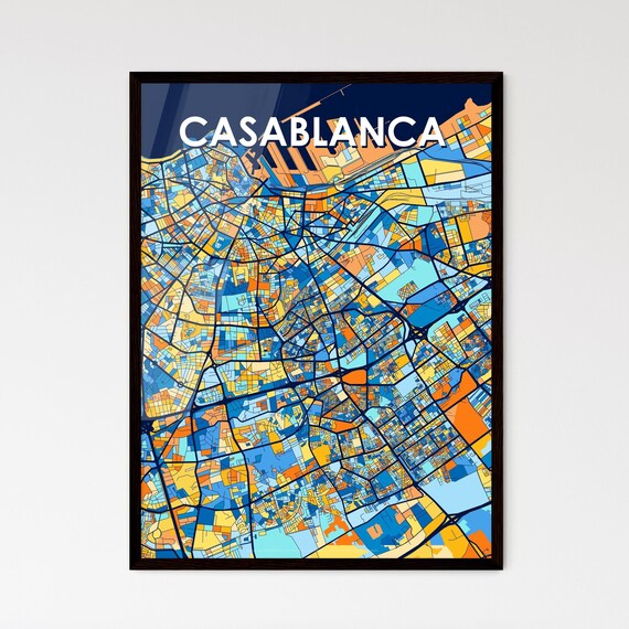 Casablanca Colorful City Street Map in Blue and Orange Poster