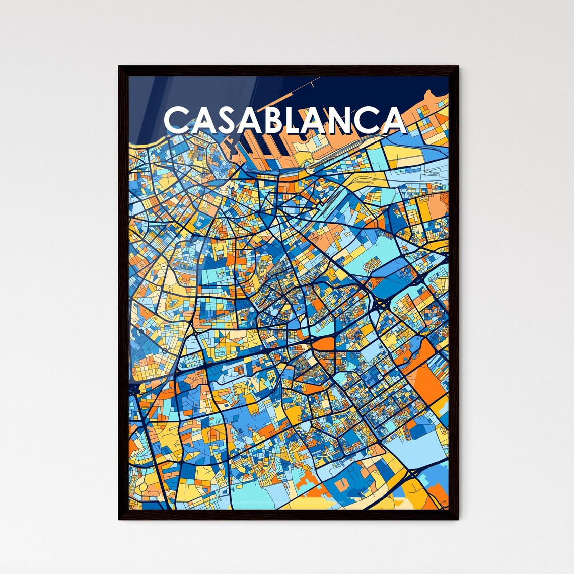 Casablanca Colorful City Street Map in Blue and Orange Poster