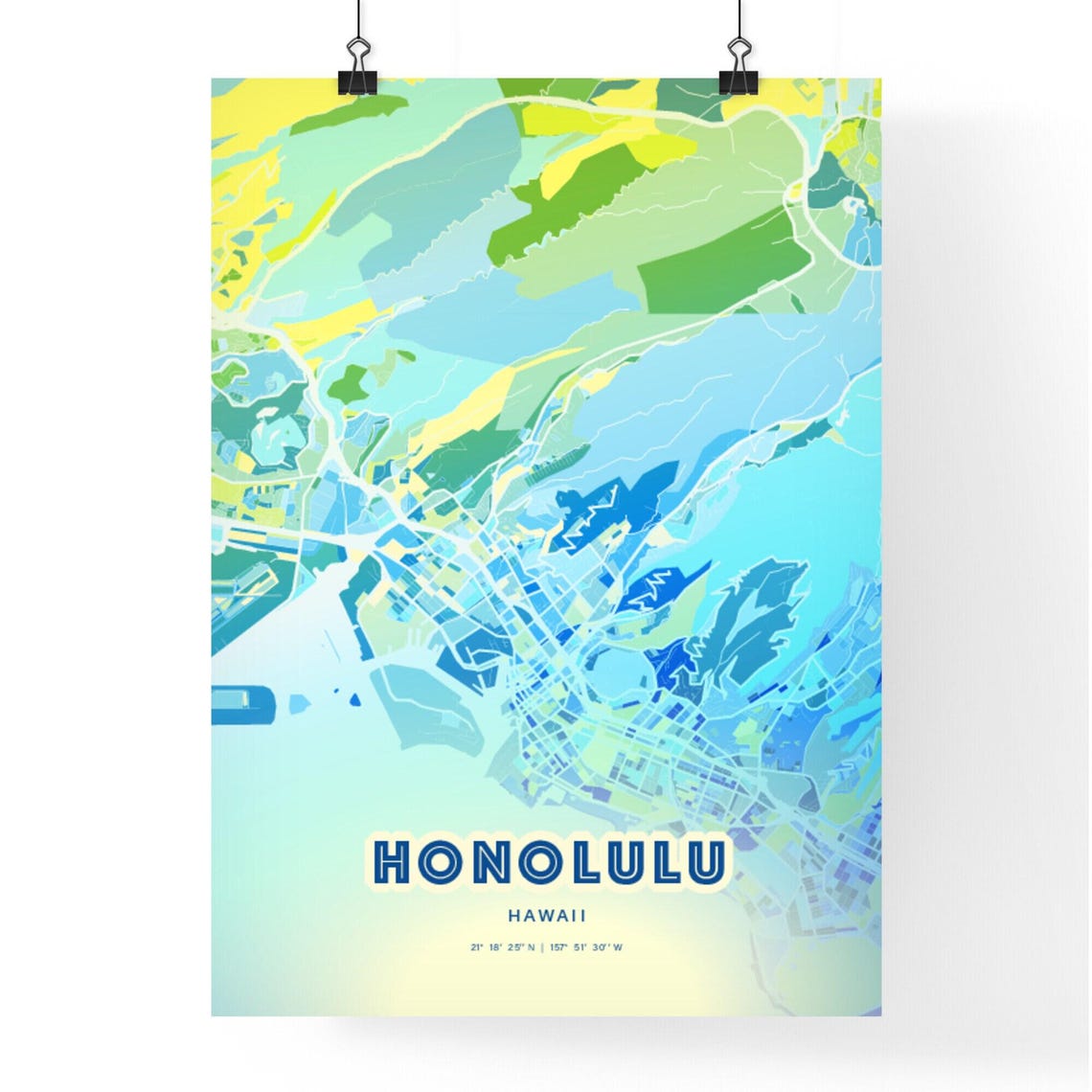 Honolulu Hawaii Vibrant Abstract Watercolor City Street Map Poster - Image 3