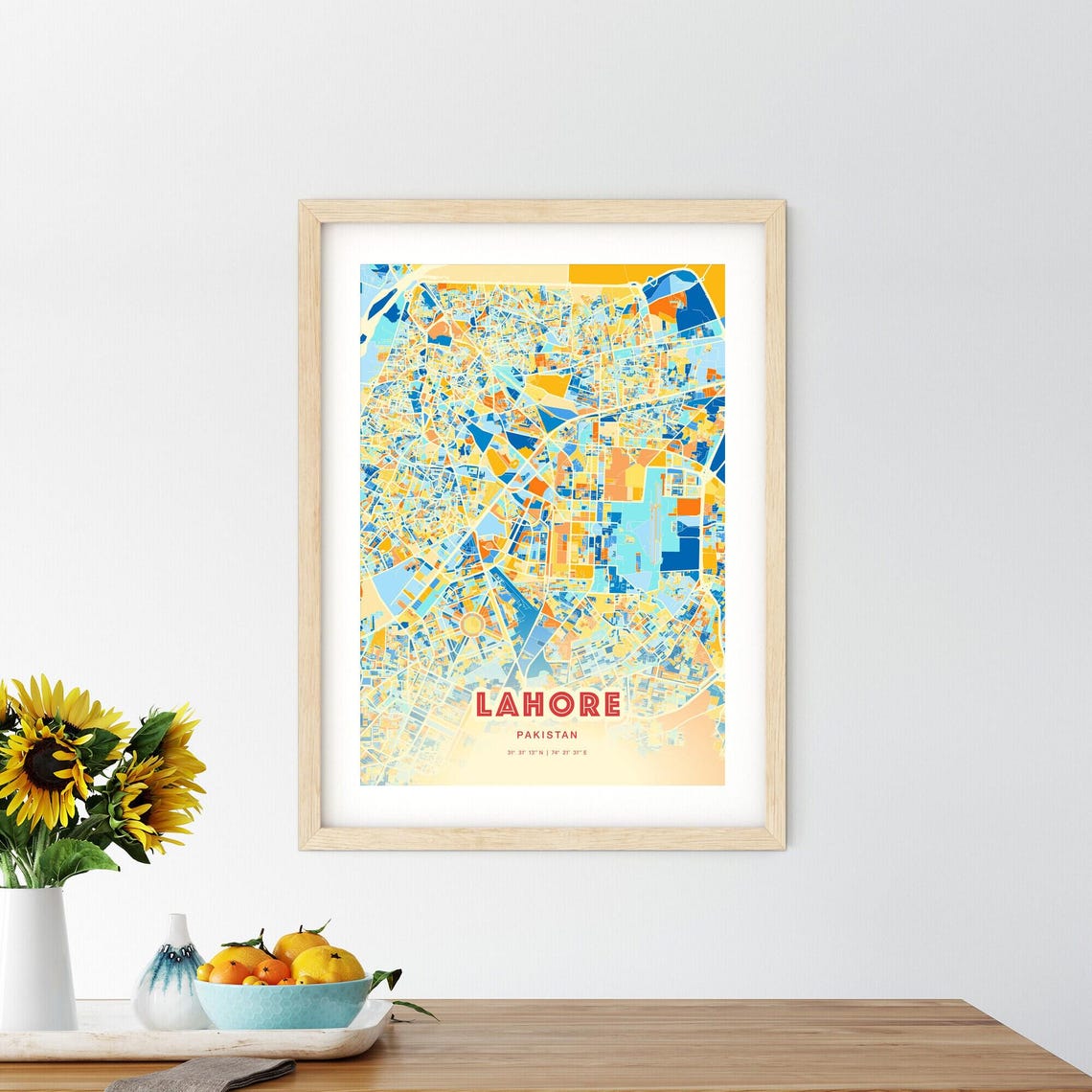 Lahore Pakistan Bold Vibrant Blue and Orange City Map Poster - Image 2