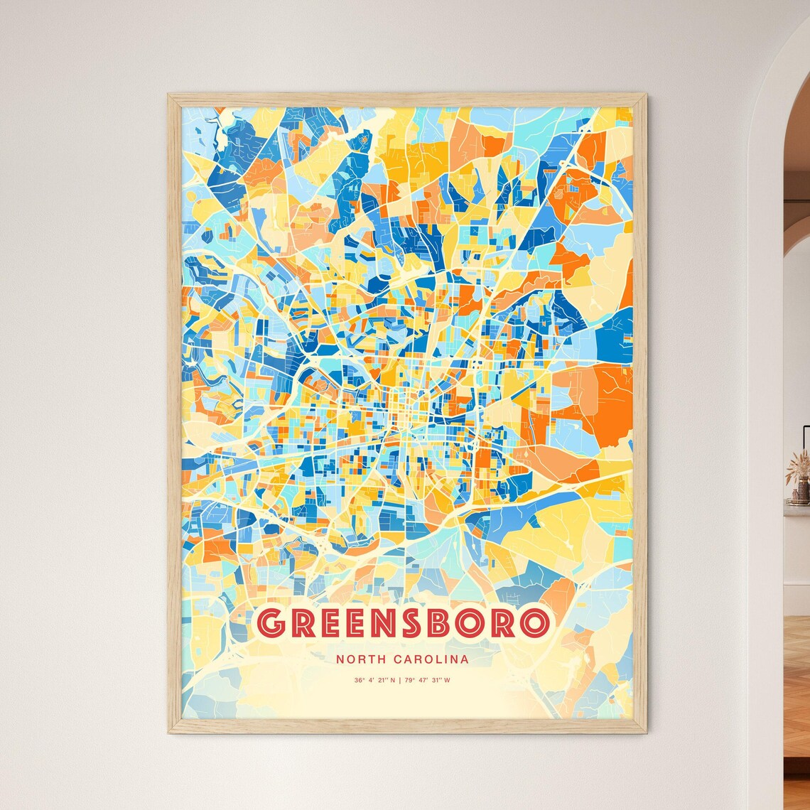 Greensboro North Carolina City Map Blue Orange Cartography Poster