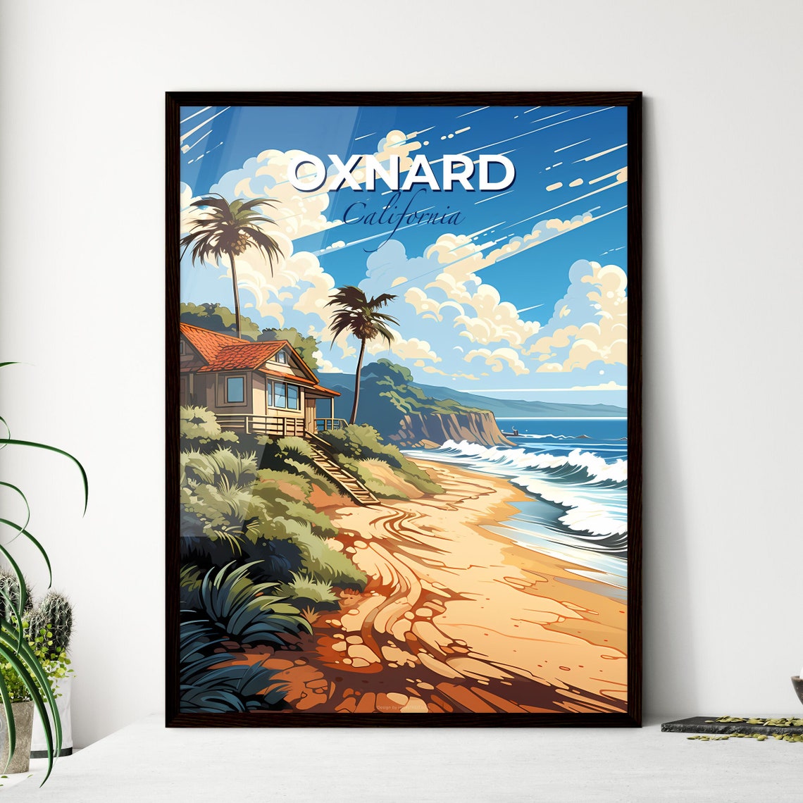 Oxnard California Beach Cottage Palm Trees Ocean Surf Travel Poster