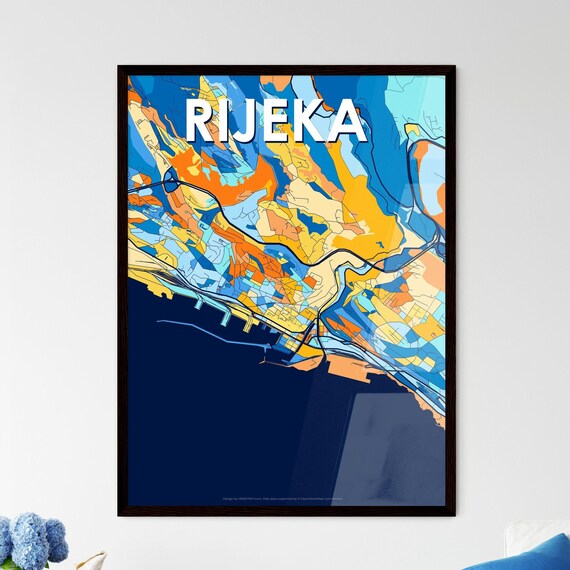 Rijeka Croatia Coastal Colorful Blue Orange City Map Art Poster