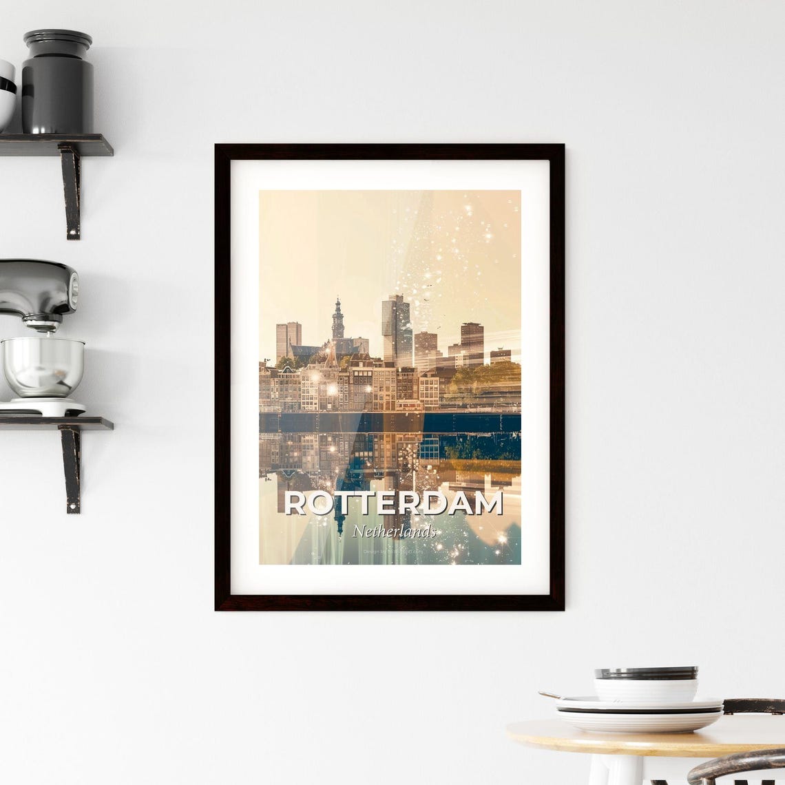 Rotterdam Netherlands Harbor Skyline Mirrored Golden Art Poster - Image 2