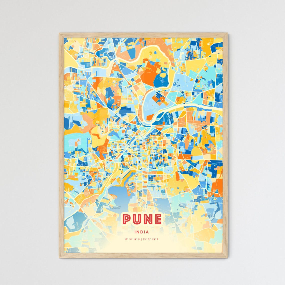 Pune India Vibrant Colorful Blue Orange City Map Art Poster Decor