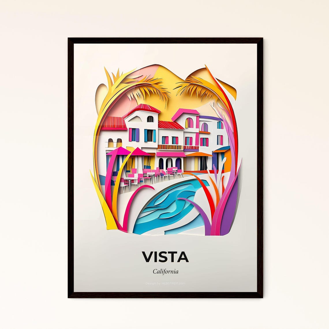 Vista California Spanish Villa Pool Colorful Paper Cut Poster