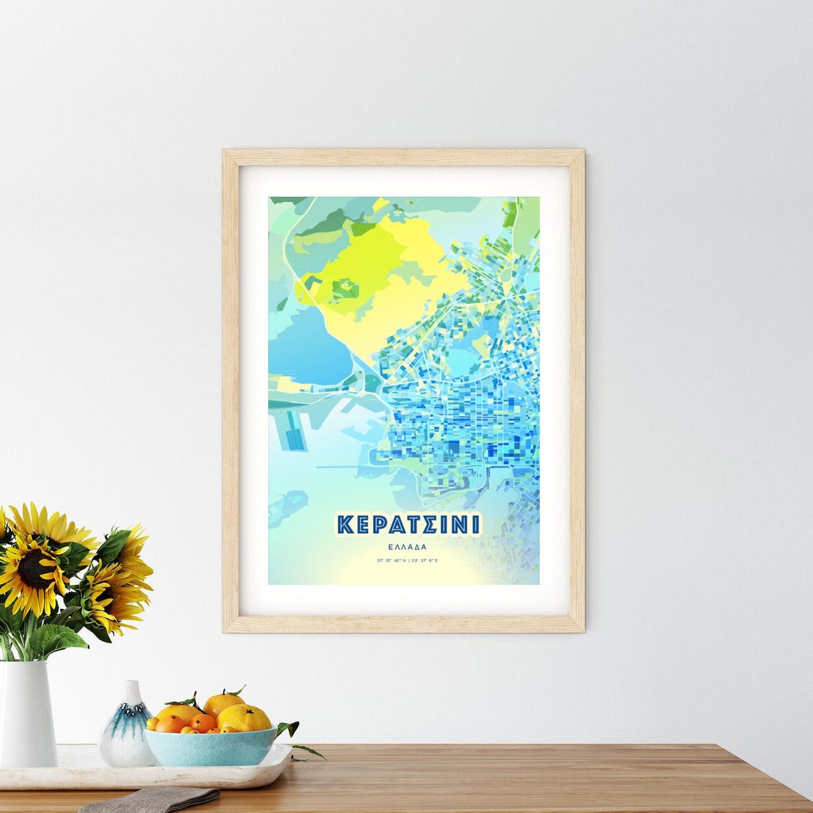 Keratsini Greece Customizable Bluish Art City Map Coordinates Poster - Image 3