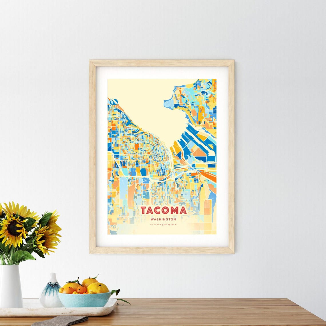 Tacoma Washington Colorful Blue Orange City Map Art Poster Decor - Image 2