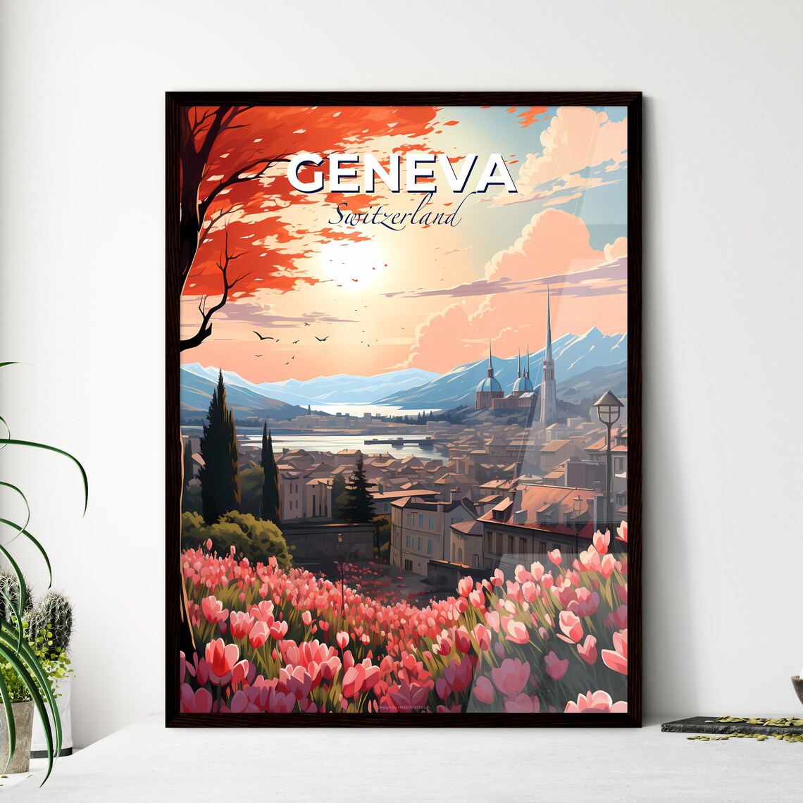 Geneva Switzerland Tulip Field Lake And Alps Sunset View Poster