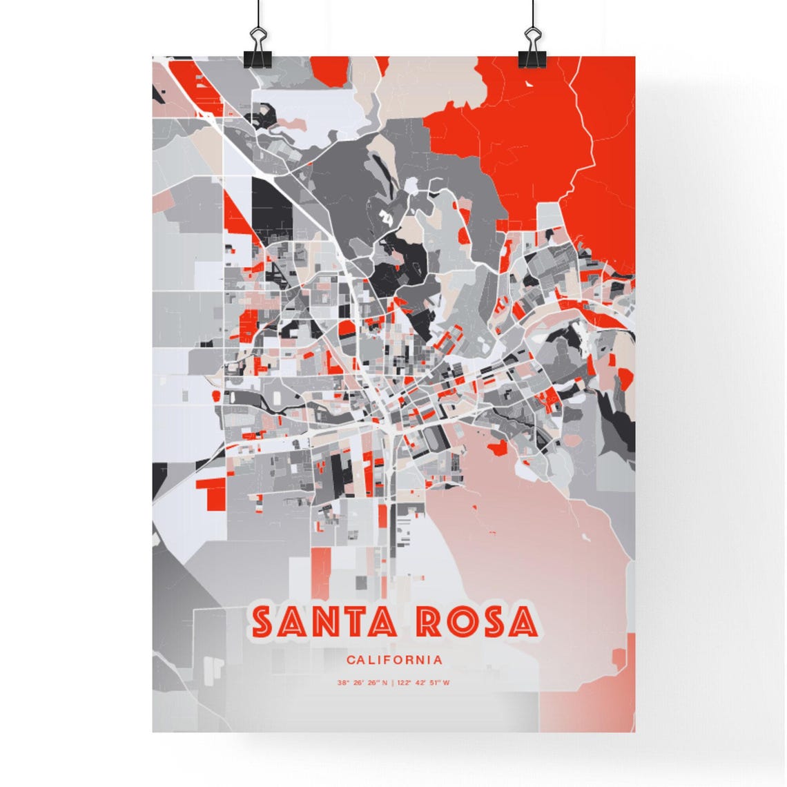 Santa Rosa California City Map Art Modern Red Gray Decor Poster - Image 3