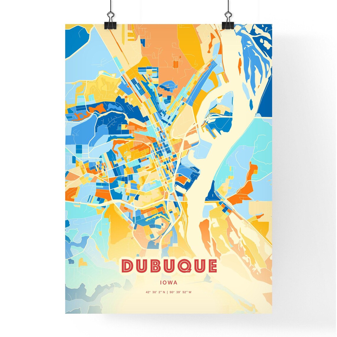 Dubuque Iowa Colorful Blue and Orange Retro City Street Map Wall Art