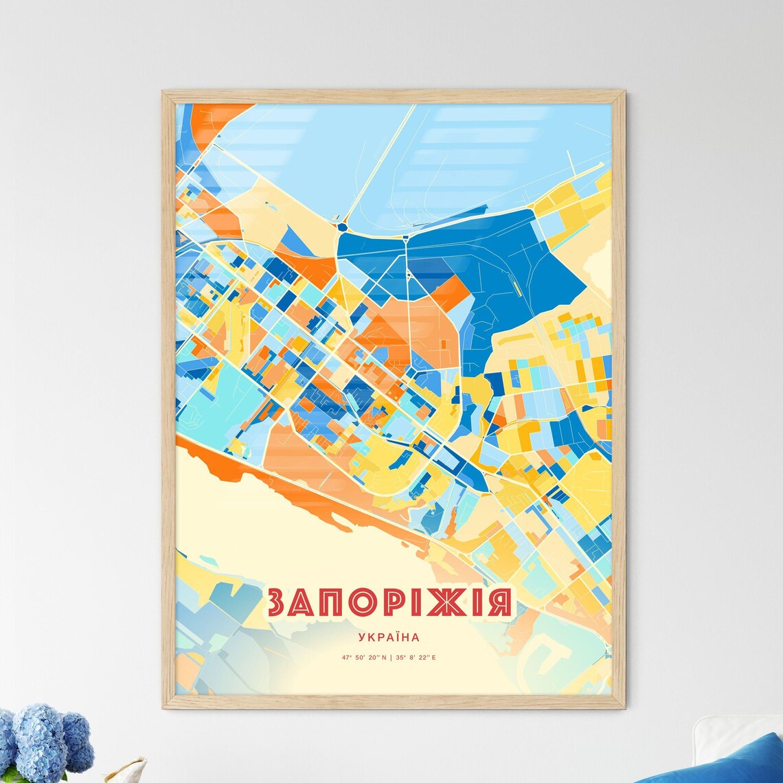 Zaporizhzhia Ukraine Blue Orange Colorful City Map Art Poster With Coordinates