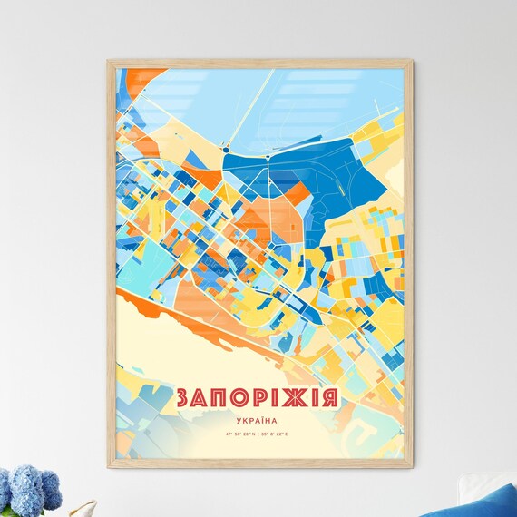 Zaporizhzhia Ukraine Blue Orange Colorful City Map Art Poster With Coordinates