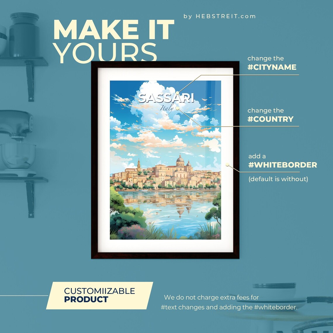Sassari Italy Travel Poster Waterfront Cathedral Dome Reflection Illustration - Image 2
