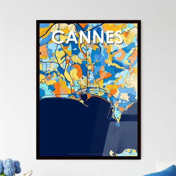 Cannes France Colorful Blue and Orange Coastal City Map Poster
