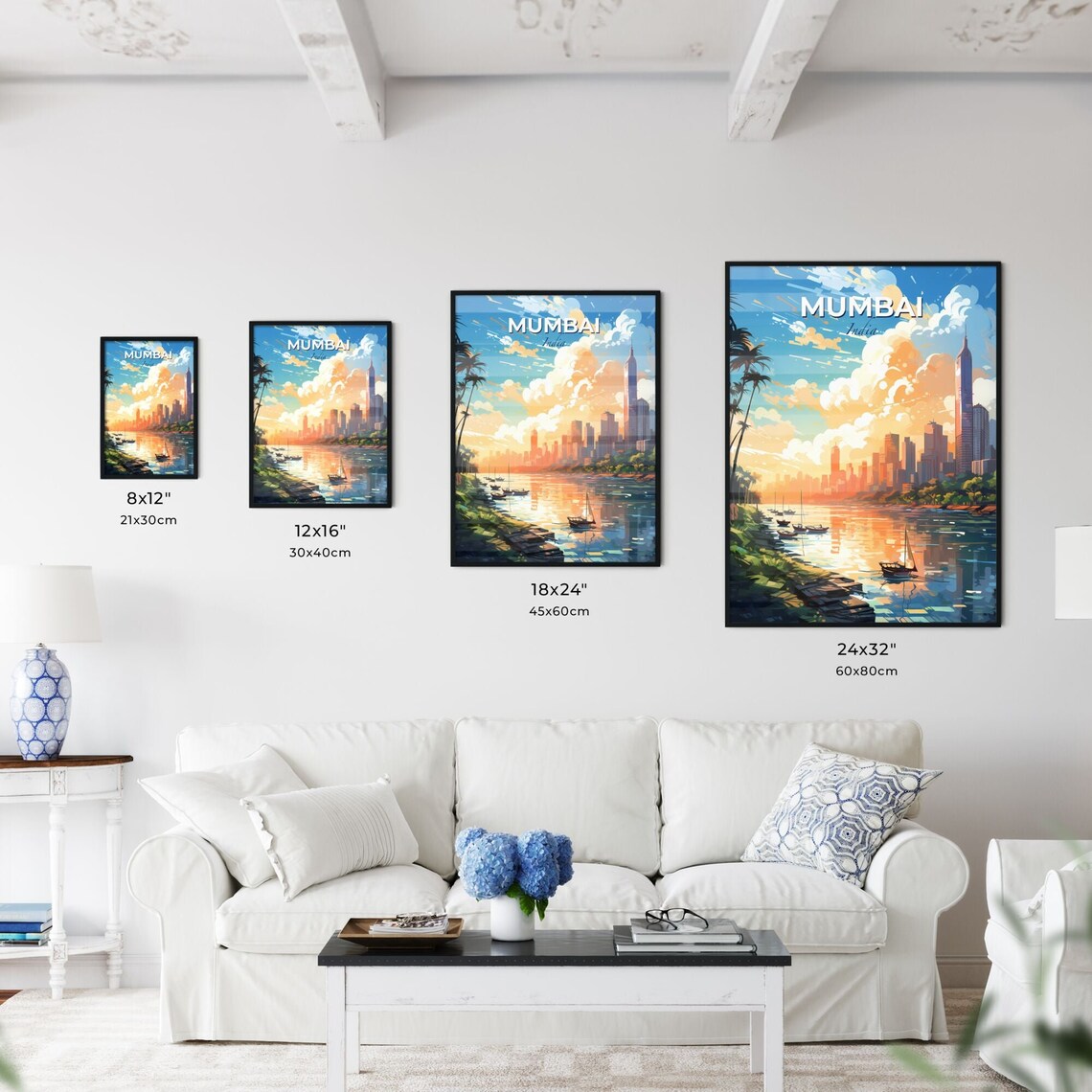 Mumbai India Harbor Boats Sunset Skyline Colorful Travel Poster - Image 3