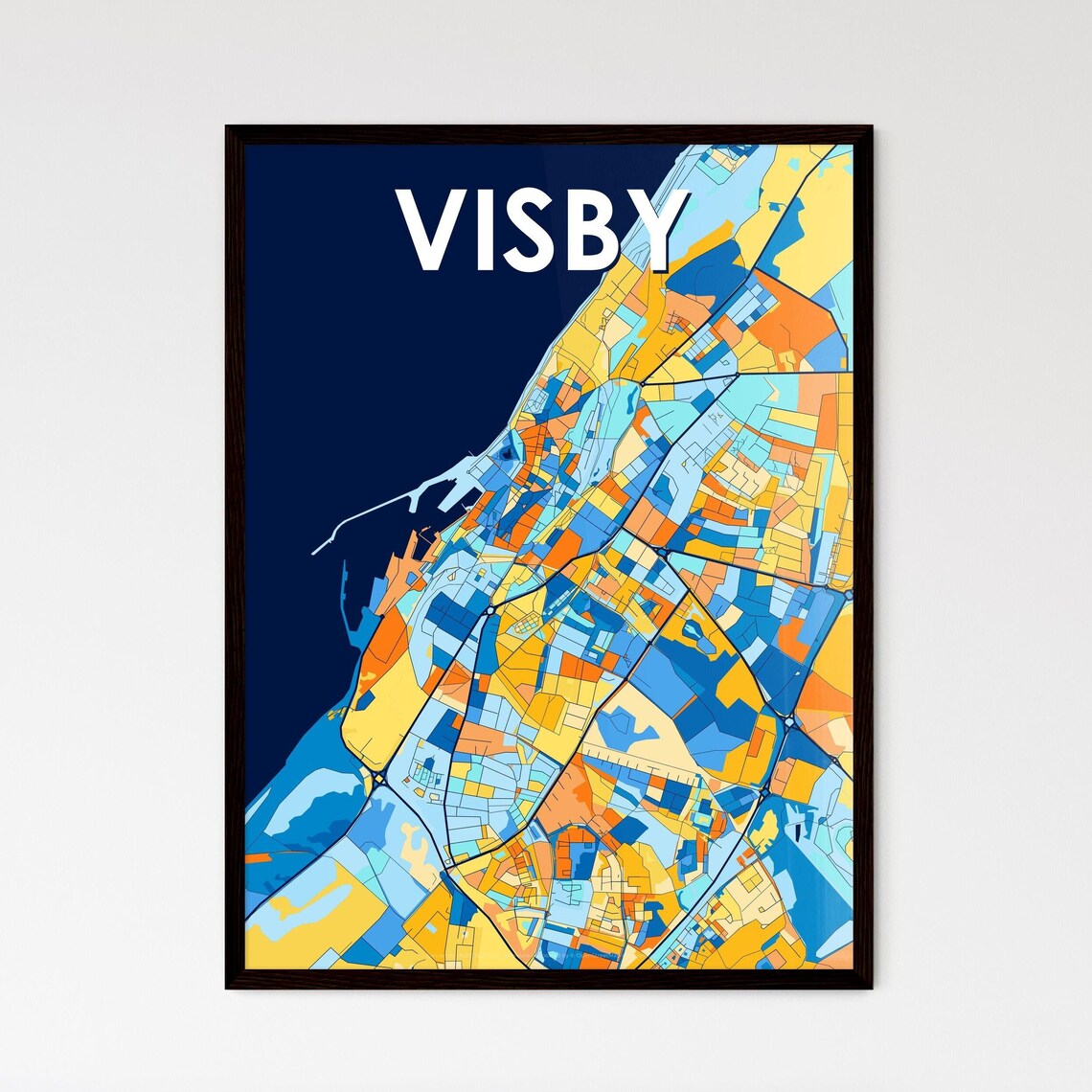 Visby Sweden Colorful Blue and Orange City Street Map Art Poster