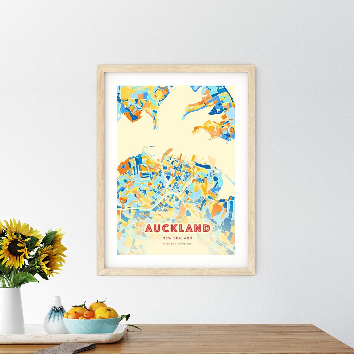 Auckland New Zealand Colorful City Map Art Poster Blue Orange Harbor - Image 2