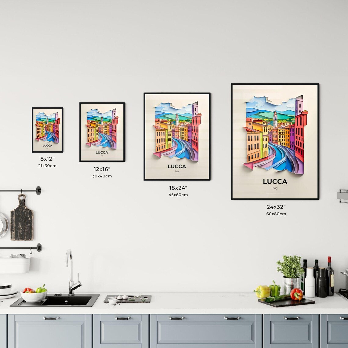 Lucca Italy Colorful Paper Cut Riverside Old Town Travel Poster - Image 3