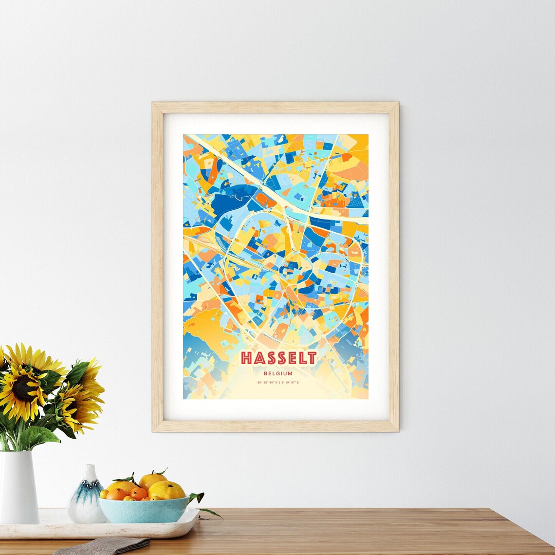 Hasselt Belgium Colorful City Map Art Poster Blue And Orange Ring Design - Image 2