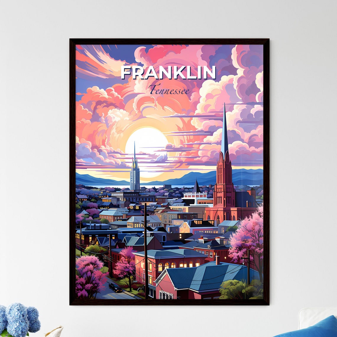 Franklin Tennessee Sunset Skyline Church Spires Blossom Poster