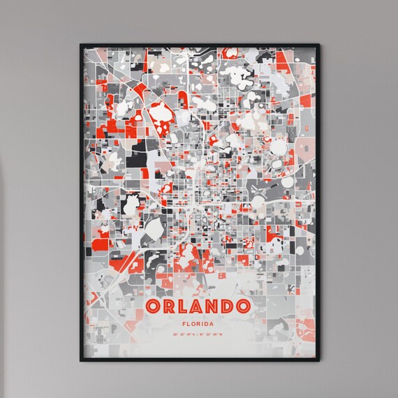 Orlando Florida Modern Expressive Red Gray City Map Art Poster