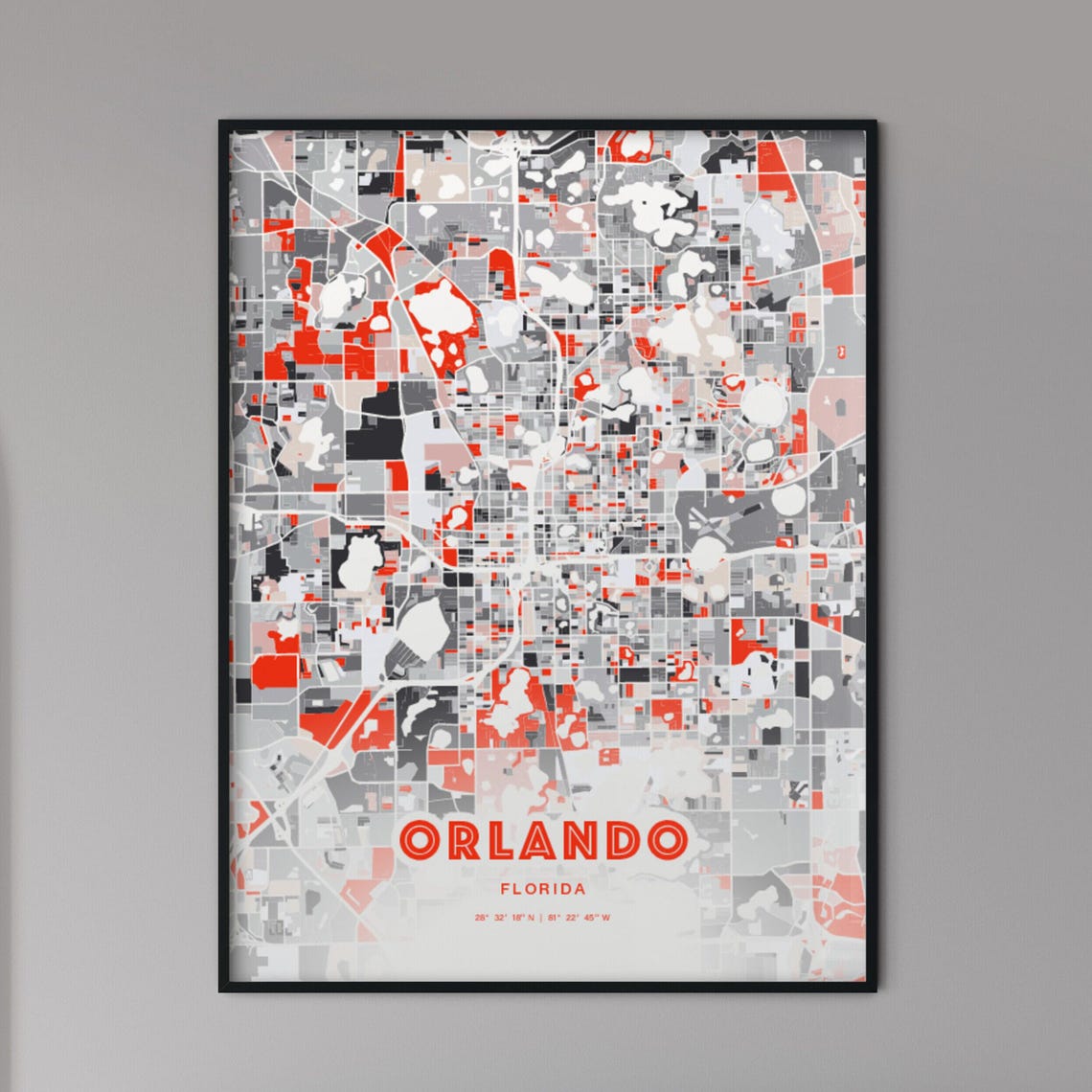 Orlando Florida Modern Expressive Red Gray City Map Art Poster