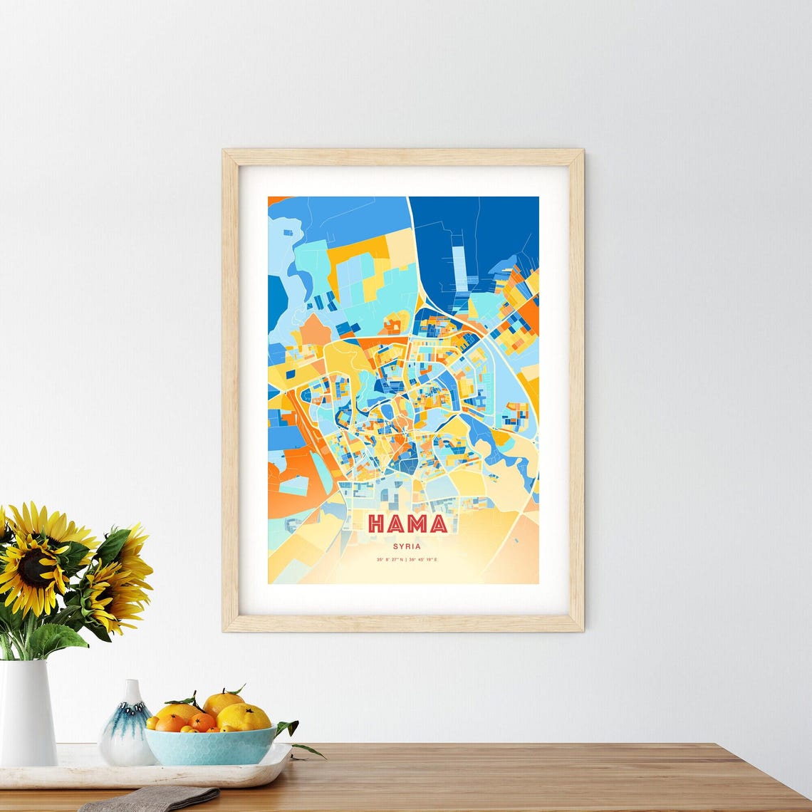 Hama Syria Colorful Abstract City Map Blue Orange Art Poster - Image 2