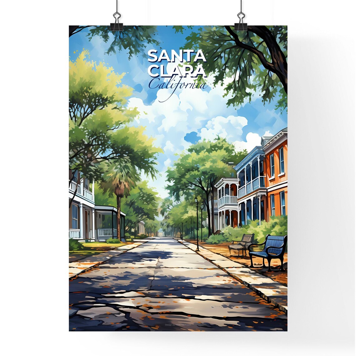 Santa Clara California Tree Lined Historic Street Bench Art Poster - Image 4