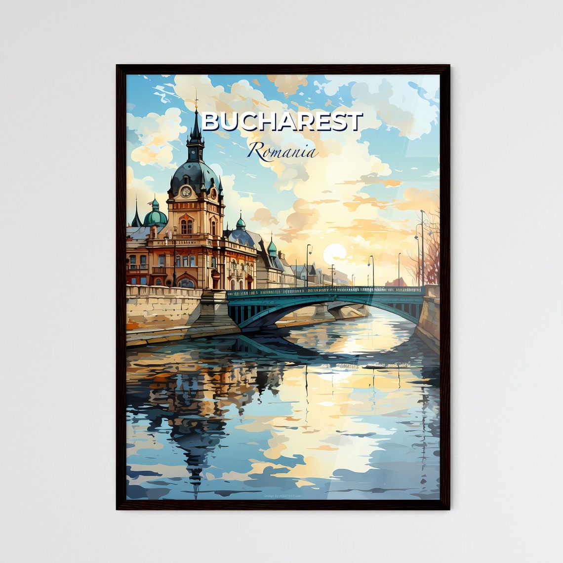 Bucharest Romania Sunrise River Bridge Domed Landmark Poster