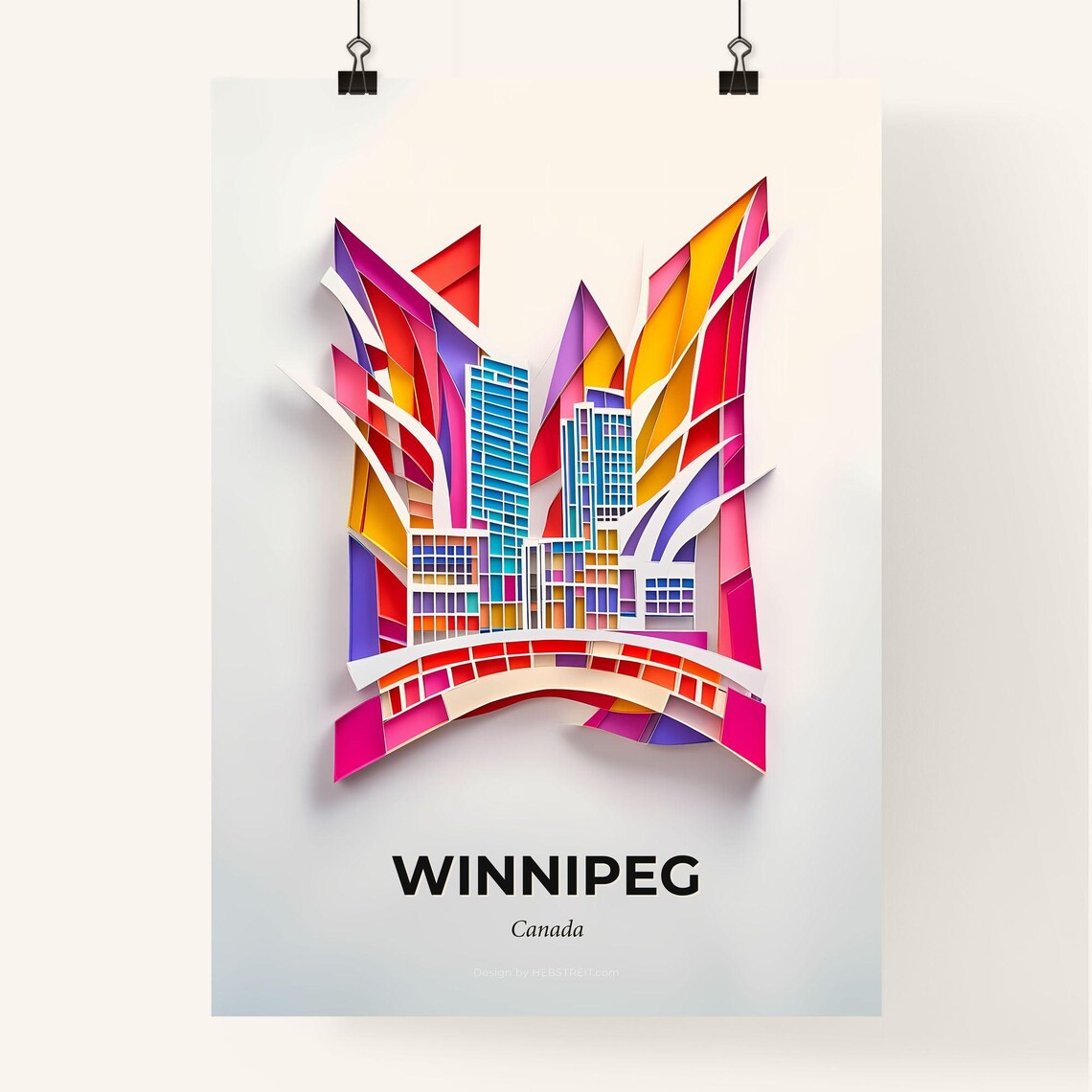 Winnipeg Canada Downtown Skyline Bridge Colorful Paper Cut Poster - Image 4