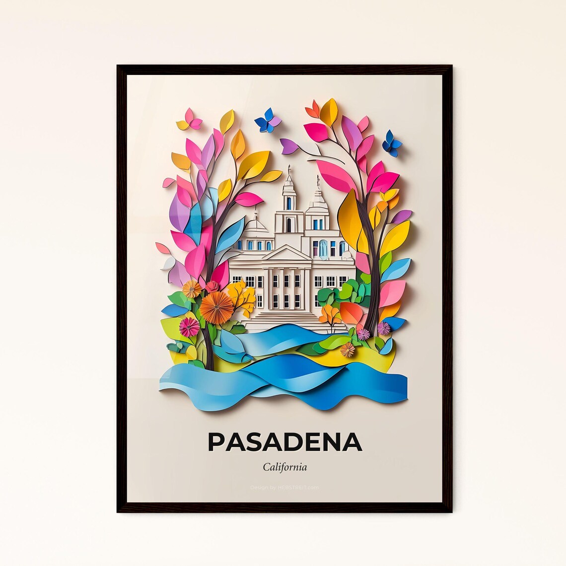 Pasadena California City Hall Colorful Vivid Paper Cut Art Poster