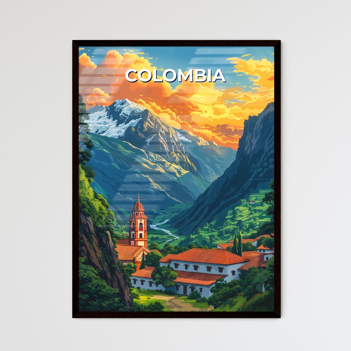 Painting Showcasing Mountainous Colombia Landscape Featuring A Building And Foliage Travel Destinations Customizable