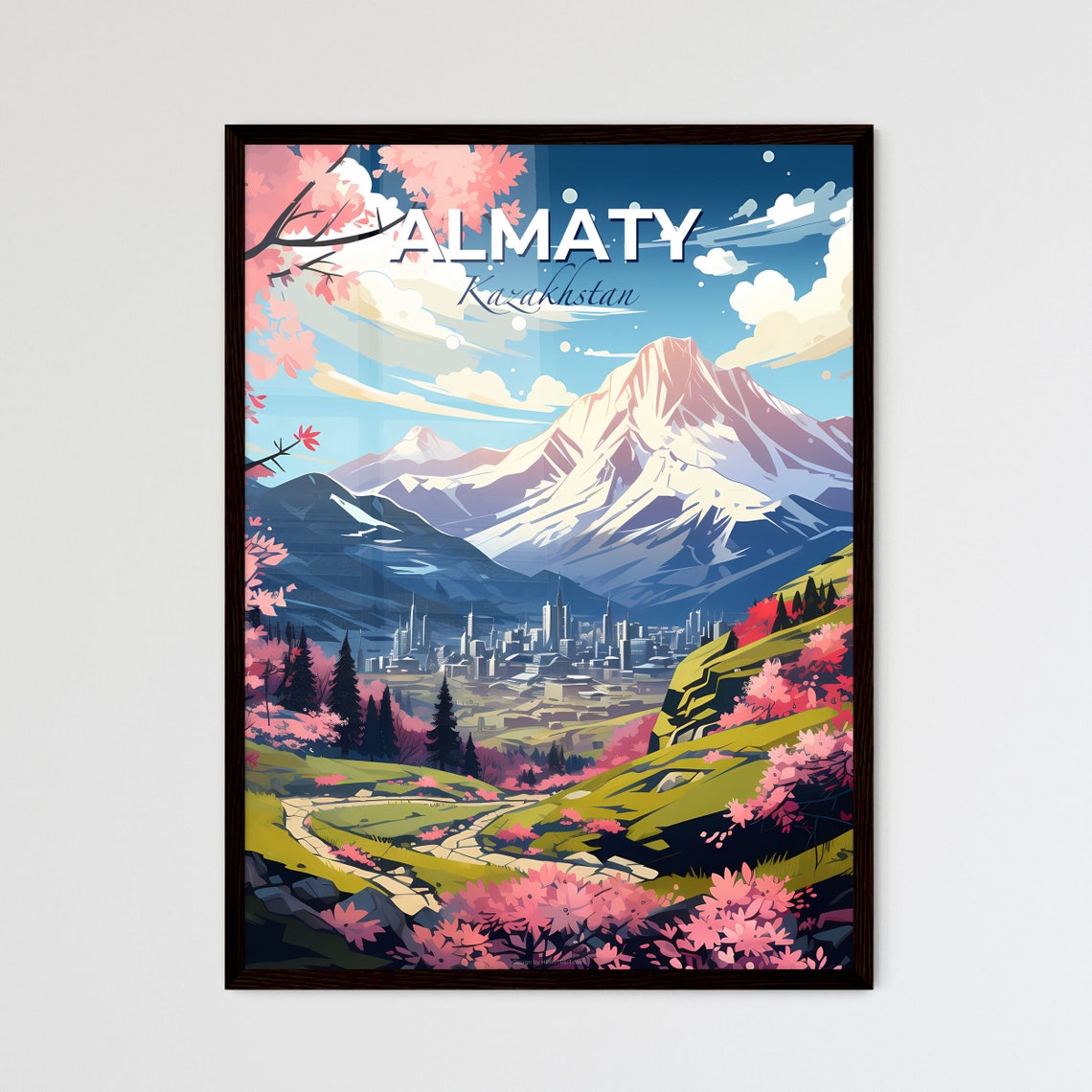 Almaty Kazakhstan Snow Capped Mountain Cherry Blossom Travel Poster