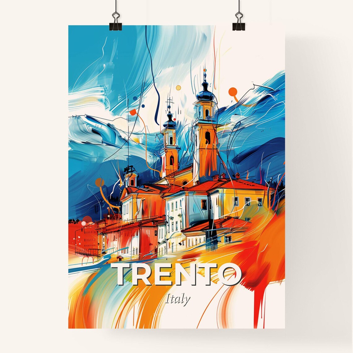 Trento Italy Colorful Abstract Church Towers Alpine Art Poster - Image 4