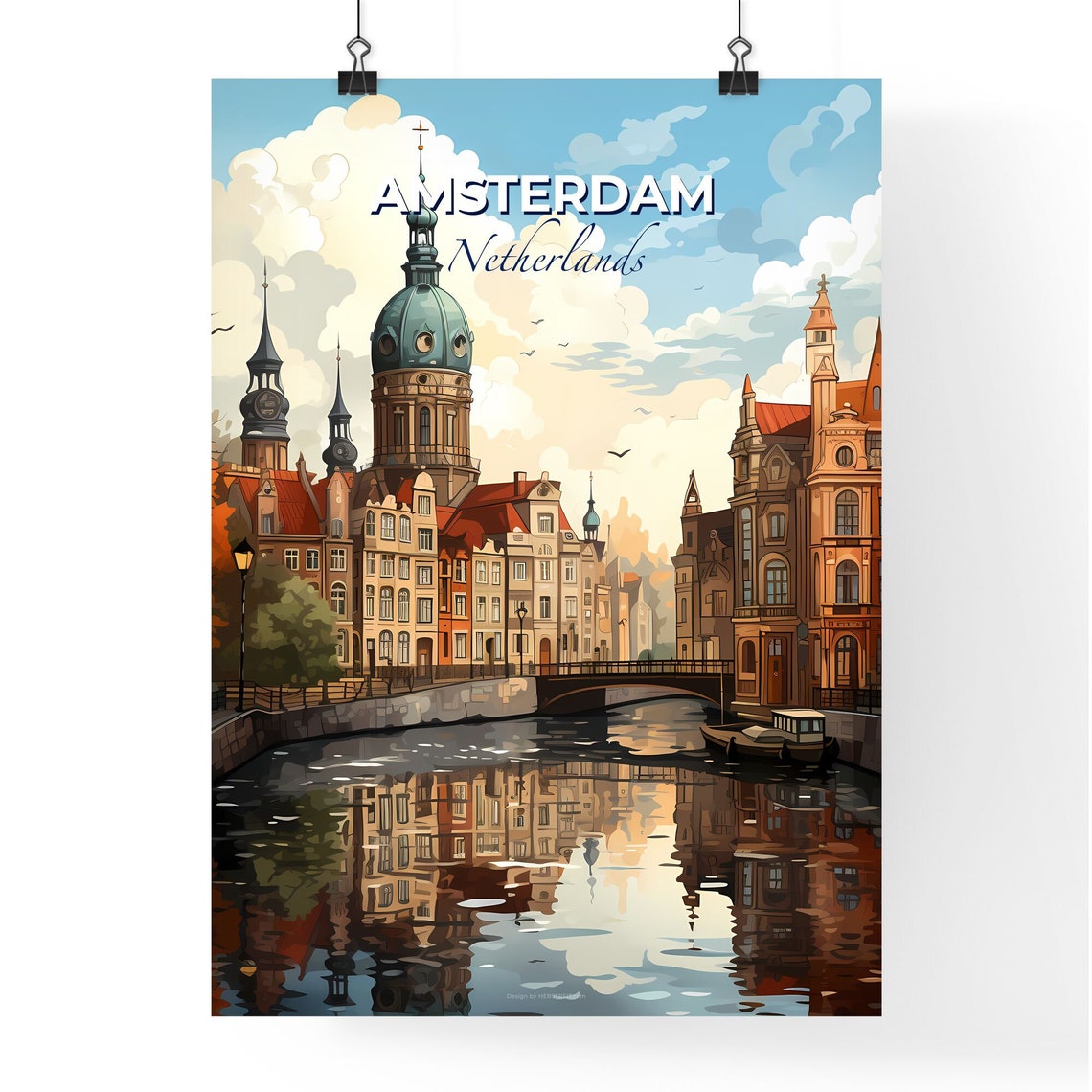 Amsterdam Netherlands Canal Travel Poster Historic City Reflection Art - Image 4